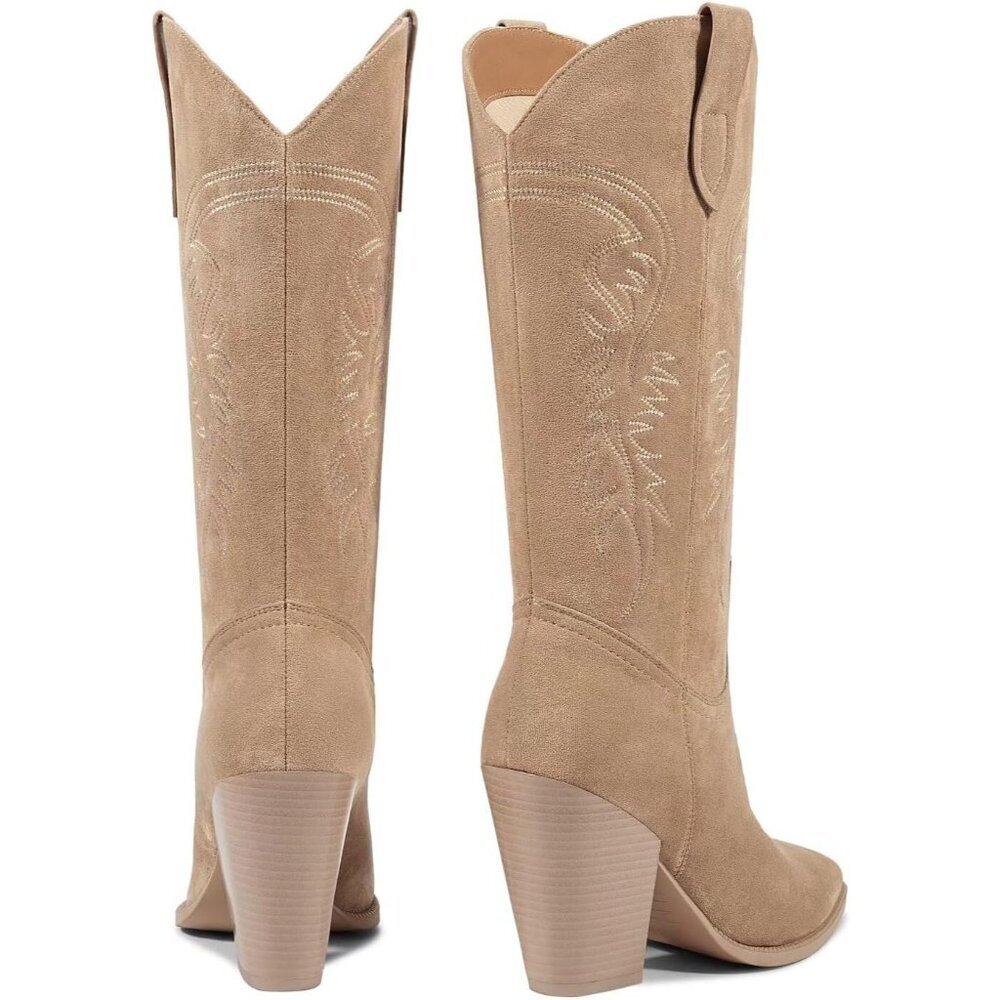 Women's Suede Apricot Pointed Toe Chunky Heel Western Rubber Boots - Picture 5 of 6